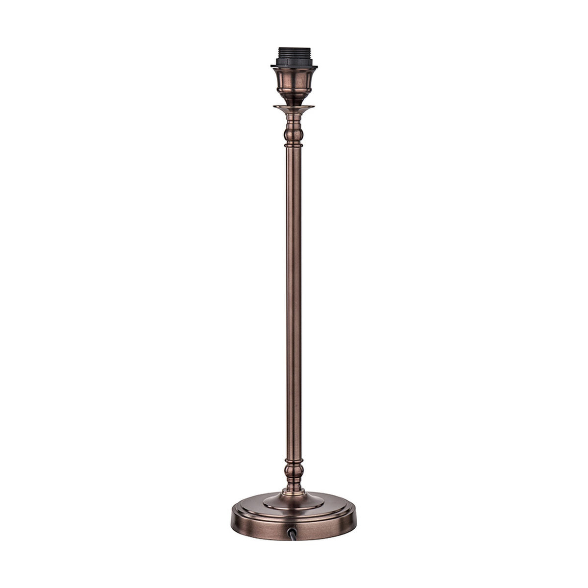 Piero Antique Bronze Candlestick Table Lamp Base, 59cm tall, slender turned metal column on a round footed base with an empty bulb socket, shown against a plain white background.