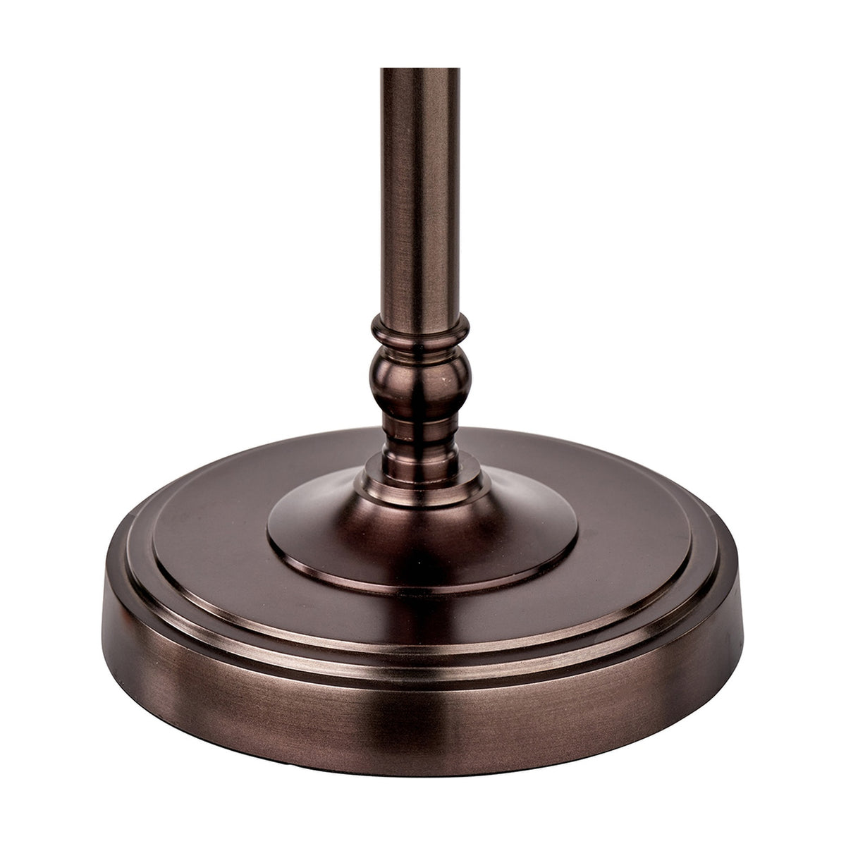 Piero antique bronze candlestick table lamp base, close-up of the tiered round foot and turned metal stem on a plain white background.