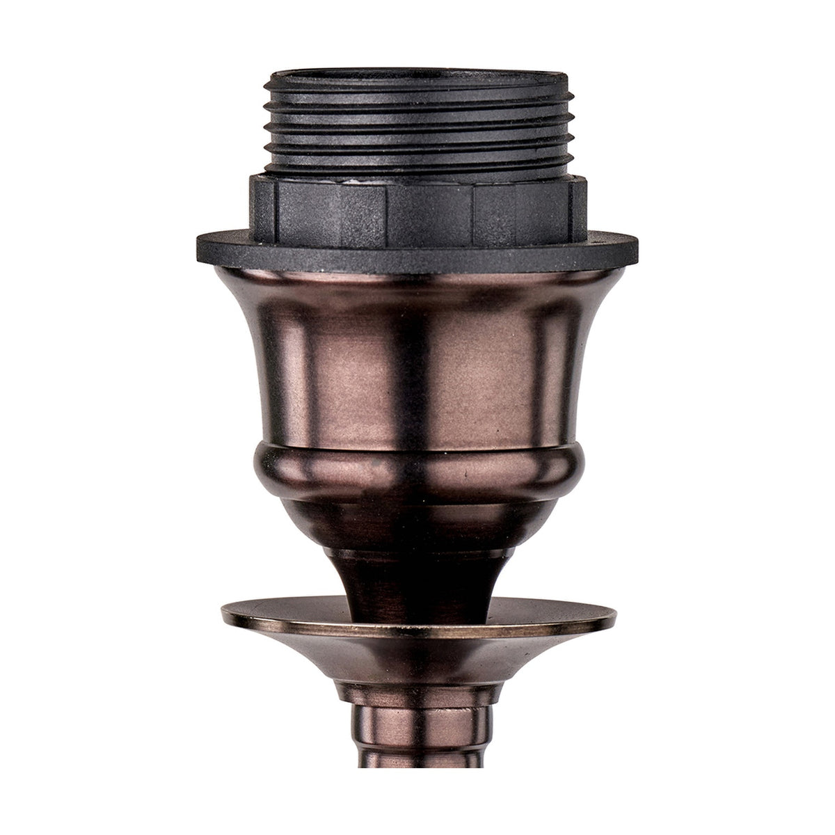 Close-up of the Piero candlestick table lamp base in antique bronze, showing the metal socket fitting, urn-shaped stem, and drip pan detail against a plain white background.