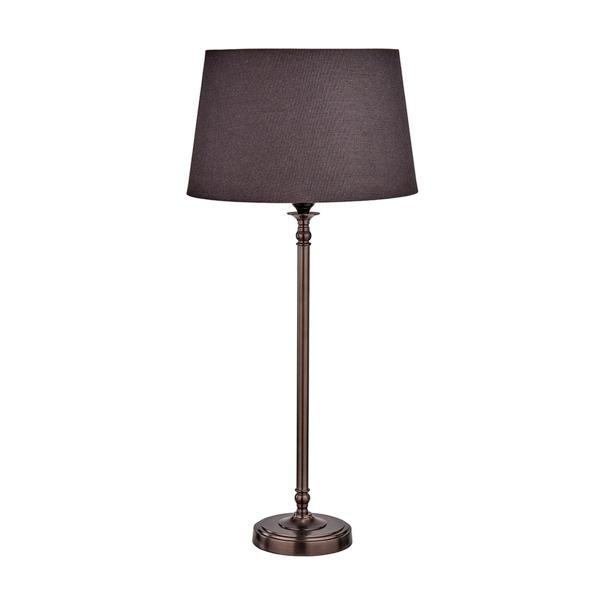 Piero Antique Bronze Candlestick Table Lamp Base with slim fluted metal stem and round footed base, shown with a dark tapered fabric shade against a plain white background.