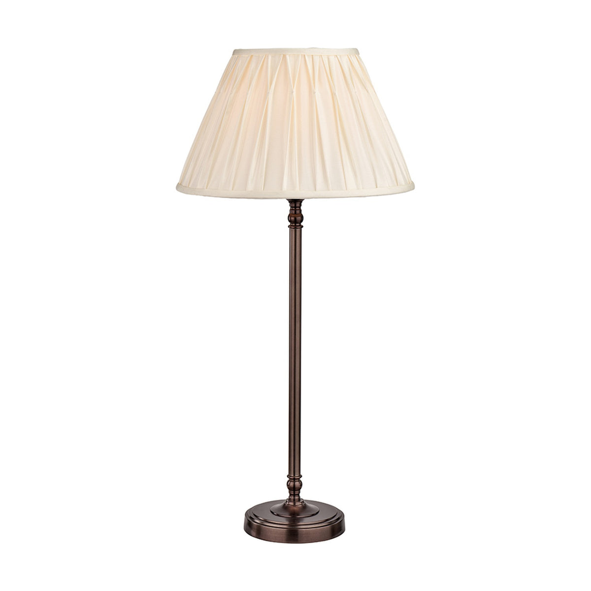 Piero Antique Bronze Candlestick Table Lamp with pleated cream shade, slender metal stem, and round stepped base, shown against a plain white background.