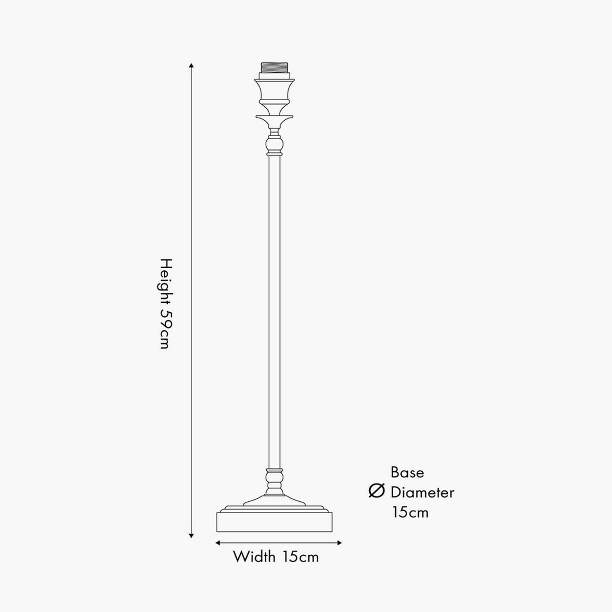 Piero Antique Bronze Candlestick Table Lamp Base, 59cm, with turned metal column and round stepped base, shown as a labelled line diagram noting 15cm width and base diameter on a plain background.