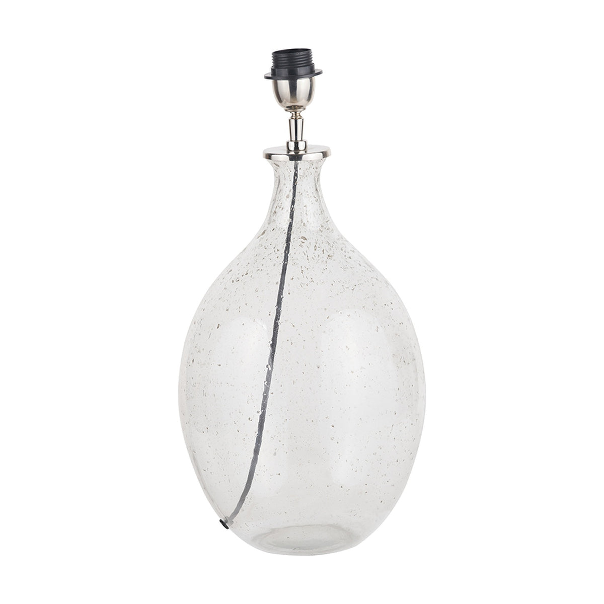 Elysia table lamp base with a curved bubble glass body and brushed silver metal fittings, including lampholder, shown on a plain white background.