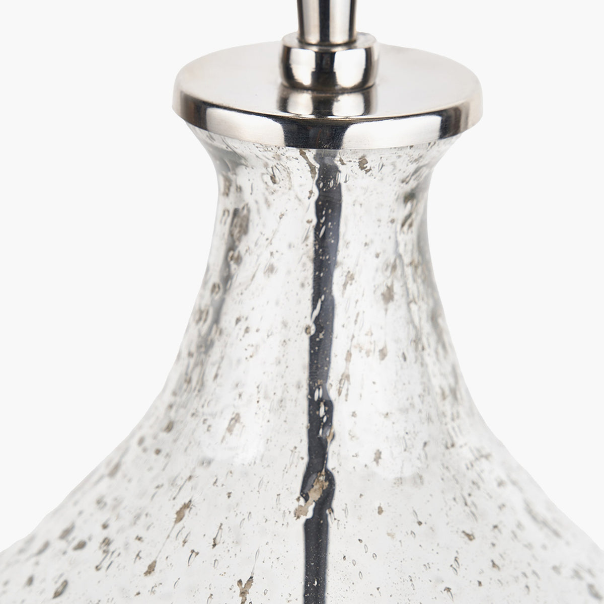 Close-up of the Elysia table lamp base showing bubble-textured glass with a dark central seam and brushed silver metal cap, on a plain white background.