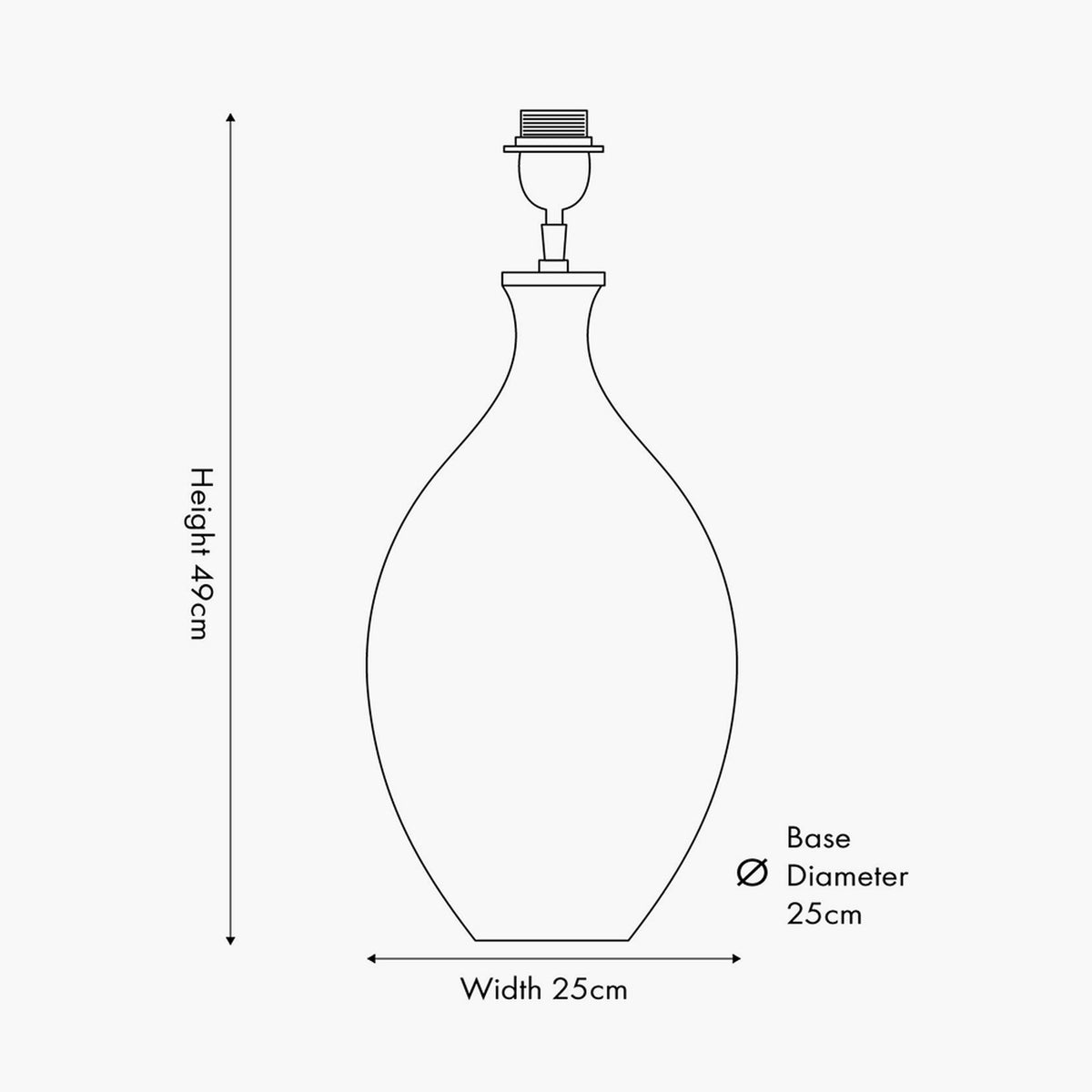 Line drawing of the Elysia curved glass table lamp base with brushed silver fittings, showing 49cm height and 25cm width and base diameter on a plain background.