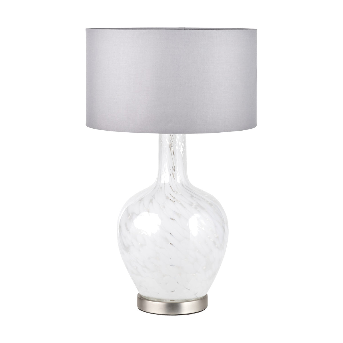 Aurora Speckled White Glass Table Lamp, 58cm, with a bulbous glass base on a brushed metal disc base and a grey drum fabric shade, shown against a plain white background.