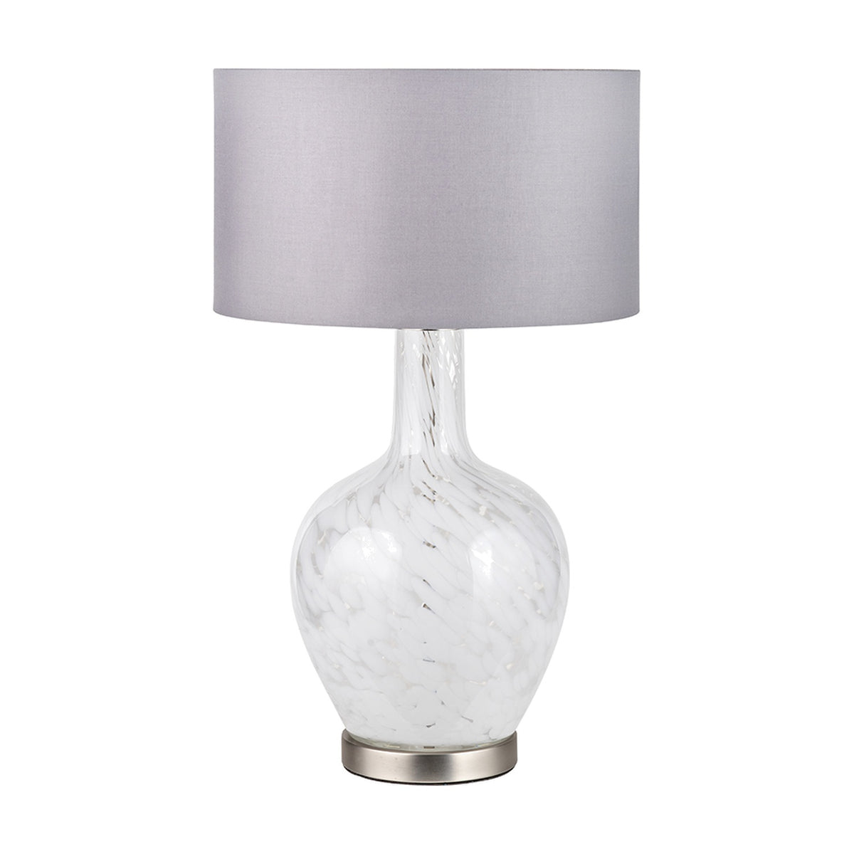 Aurora Speckled White Glass Table Lamp, 58cm, with a bulbous speckled glass base, brushed metal ring base, and grey drum fabric shade on a plain white background.