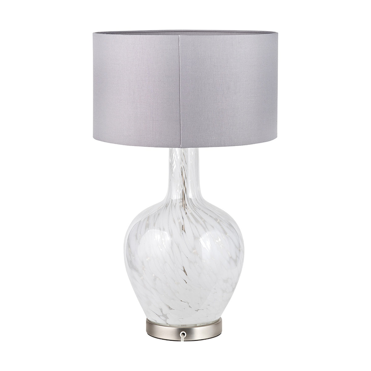 Aurora Speckled White Glass Table Lamp, 58cm, with a bulbous swirled glass base, brushed metal disc foot, and grey drum fabric shade on a plain white background.