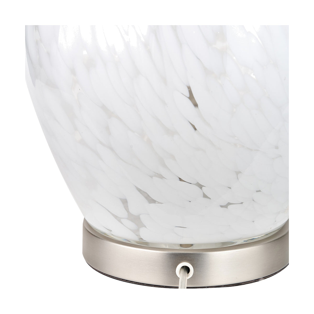 Close-up of the Aurora Speckled White Glass Table Lamp base, showing mottled white glass detailing above a brushed metal collar with visible pull cord.