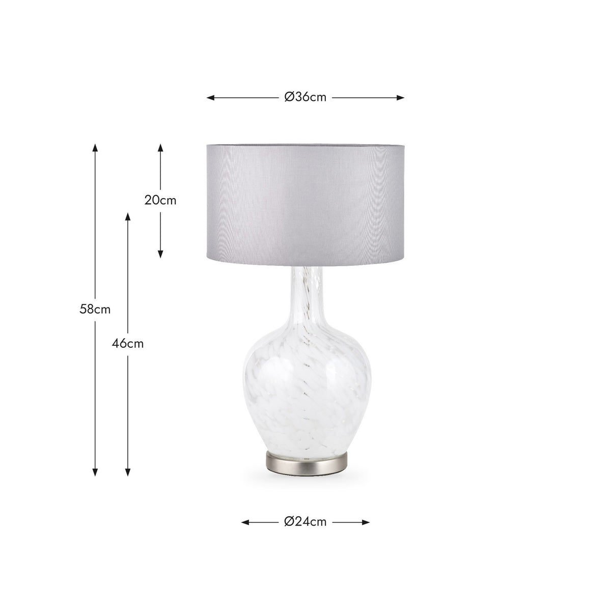 Aurora Speckled White Glass Table Lamp, 58cm, with grey drum shade and brushed metal base, shown with dimension guides (Ø36cm shade, Ø24cm base) on a white background.