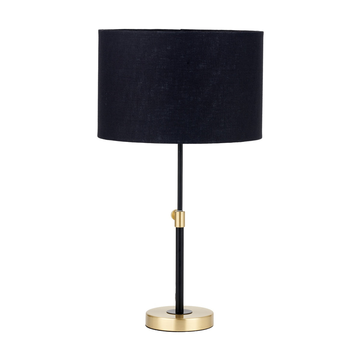 Bryce Black & Gold Iron Rise & Fall Table Lamp, 58cm, with a black drum fabric shade, slim black stem, brass adjustable riser and round brass base, on a plain white background.