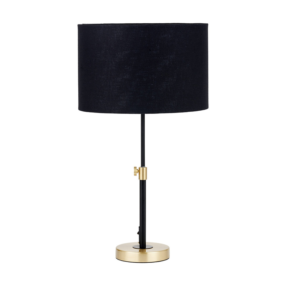 Bryce Black & Gold Iron Rise & Fall Table Lamp, 58cm, with a black drum fabric shade, slim black stem, brass adjustable riser, and round brass base, shown on a plain white background.