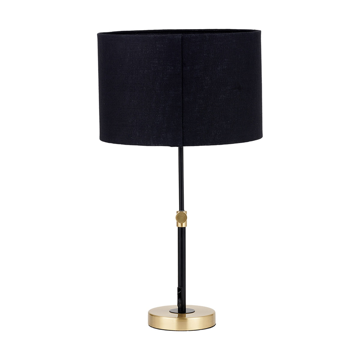 Bryce Black & Gold Iron Rise & Fall Table Lamp, 58cm, with black drum fabric shade, slim black metal stem, adjustable gold collar, and round gold base, shown on a plain white background.