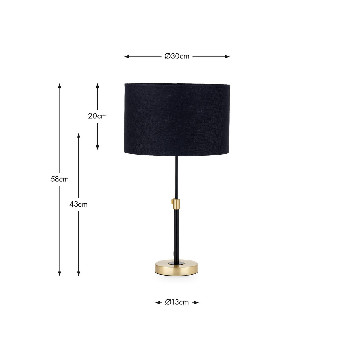 Bryce Black & Gold Iron Rise & Fall Table Lamp, 58cm, with a black drum fabric shade, slender black stem, and brass base and adjuster, shown with dimensions on a white background.