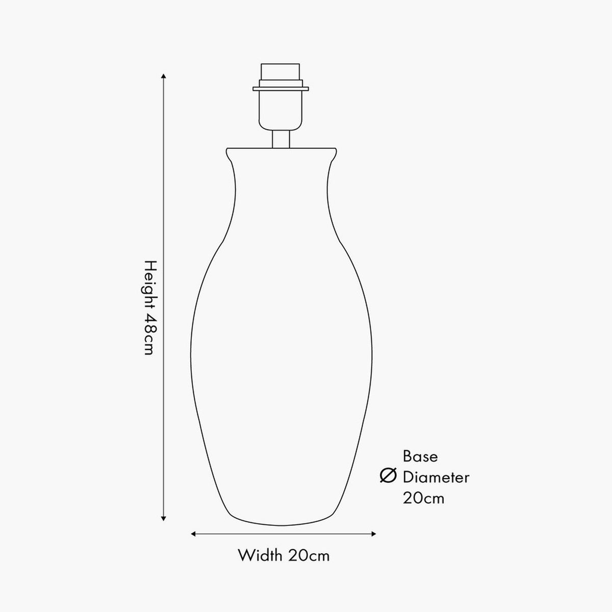 Line drawing of the Eirene White Textured Stoneware Table Lamp Base showing an urn-shaped body with dimensions: 48cm height, 20cm width, 20cm base diameter.