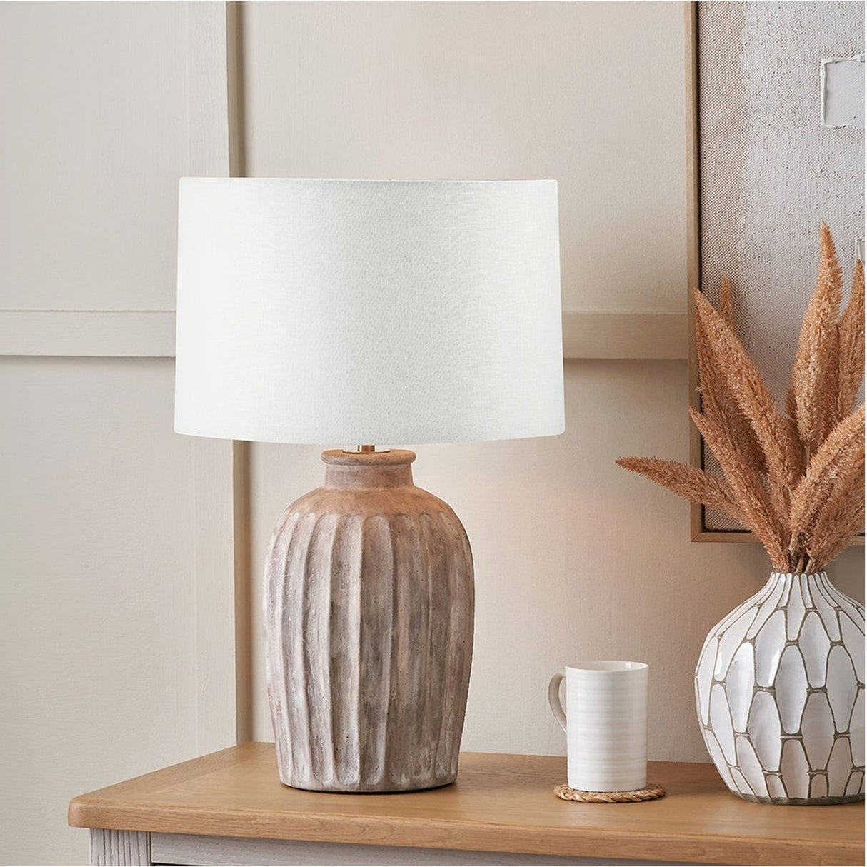 Ambrosia Natural Grooved Stoneware Table Lamp with White Self Shade
