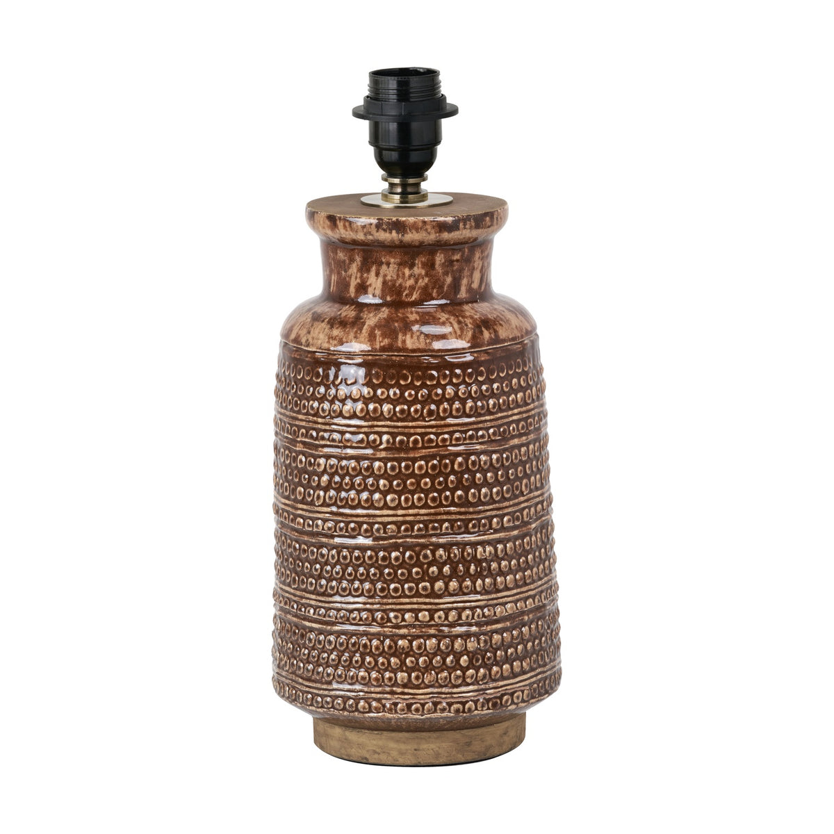 Theano Dot Design tall table lamp base in brown glazed ceramic, 39cm, with textured dot pattern and black fitting, on a plain white background.