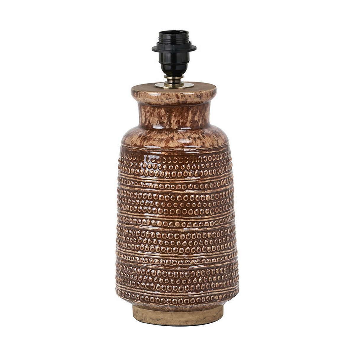 Theano Dot Design Tall Table Lamp Base, 39cm, in brown glazed ceramic with a textured dotted pattern and black bulb holder fitting, shown against a plain white background.