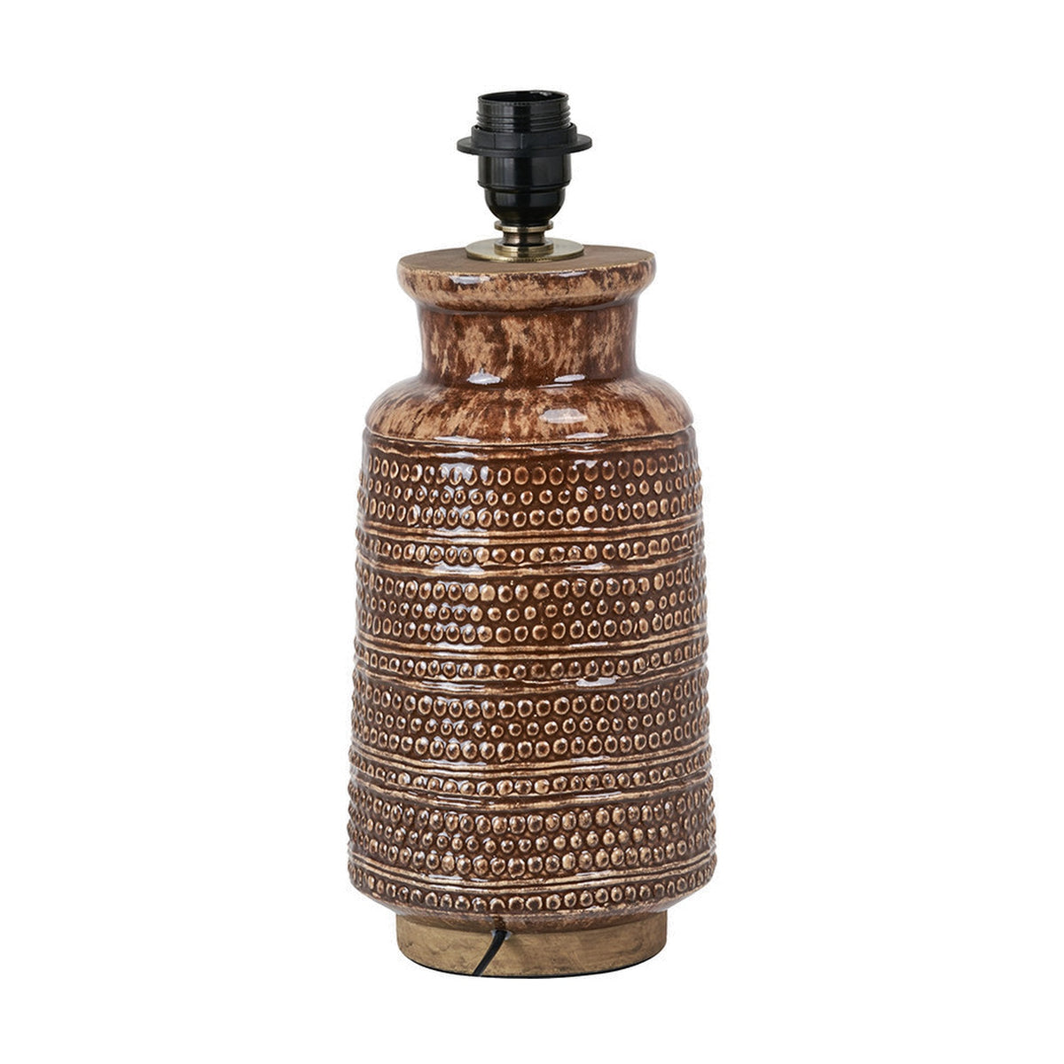 Theano Dot Design tall table lamp base, 39cm, in brown glazed ceramic with textured dotted bands and a black E27 lamp holder, shown on a plain white background.