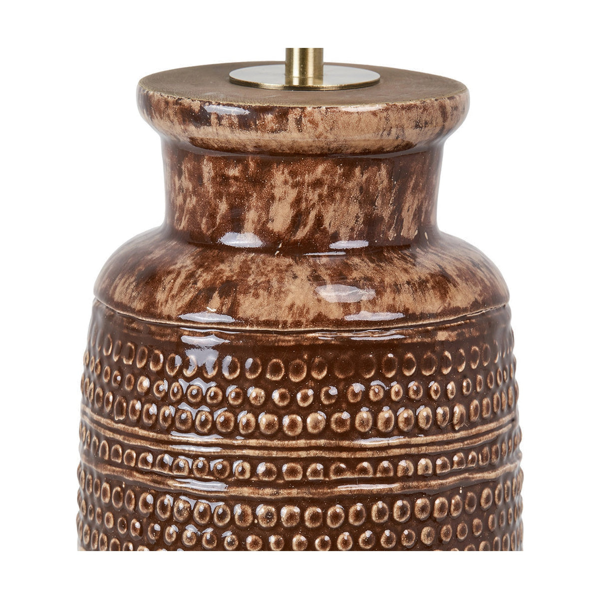 Close-up of the Theano Dot Design Brown Glaze Tall Table Lamp Base, showing a ceramic neck and dotted textured body in a mottled brown glaze with brass fitting, on a white background.