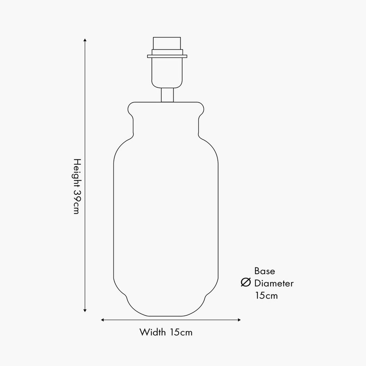 Line drawing of the Theano Dot Design tall table lamp base, 39cm high with a 15cm wide ceramic body, showing height and base diameter measurements on a plain background.