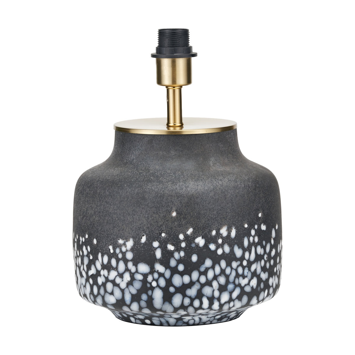 Etna Black & White Glass Table Lamp Base, 33cm, with a speckled dark grey and white glass body, brass fitting, and black bulb socket on a plain white background.