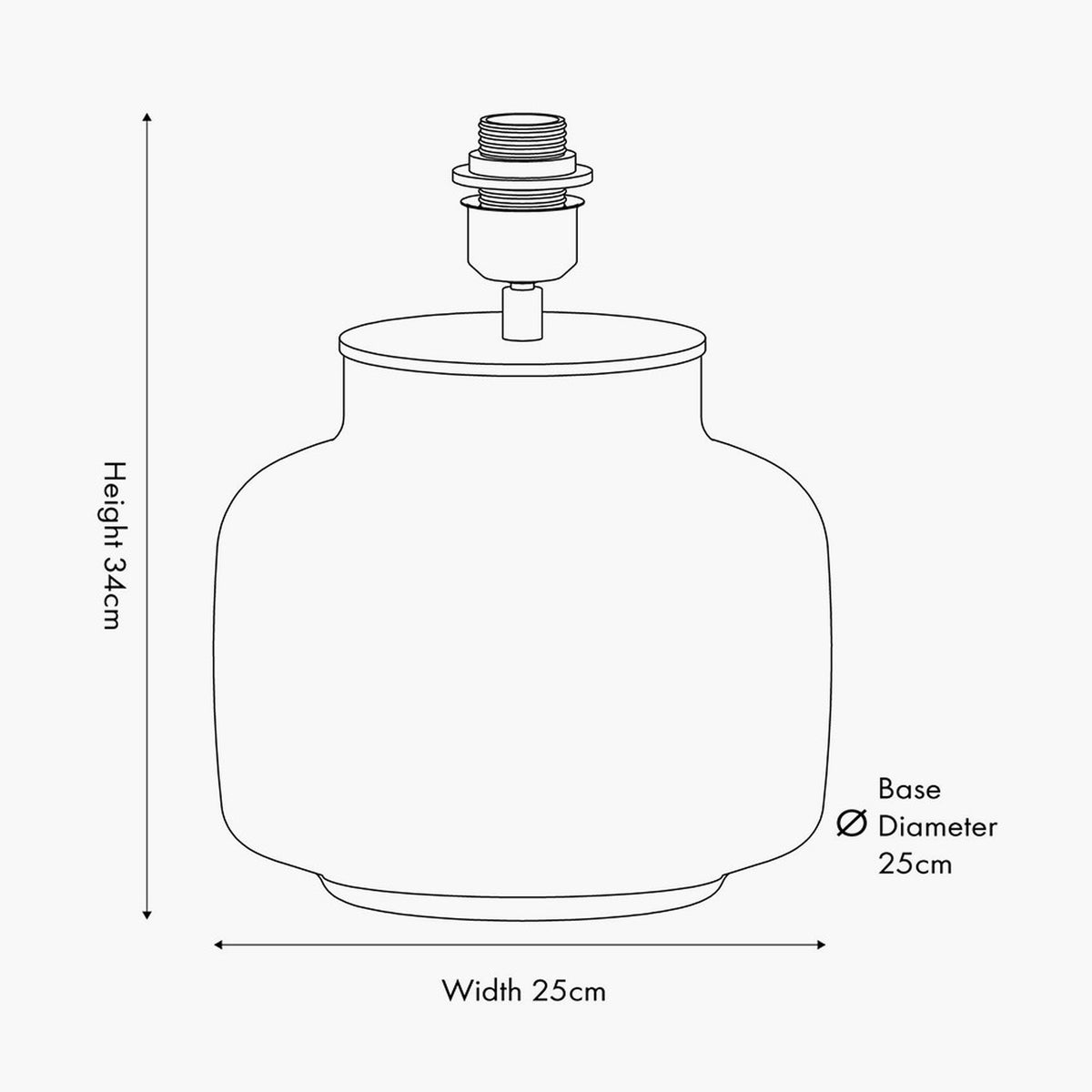 Line drawing of the Etna glass table lamp base with fitted socket, showing 34cm height, 25cm width and base diameter measurements on a plain background.