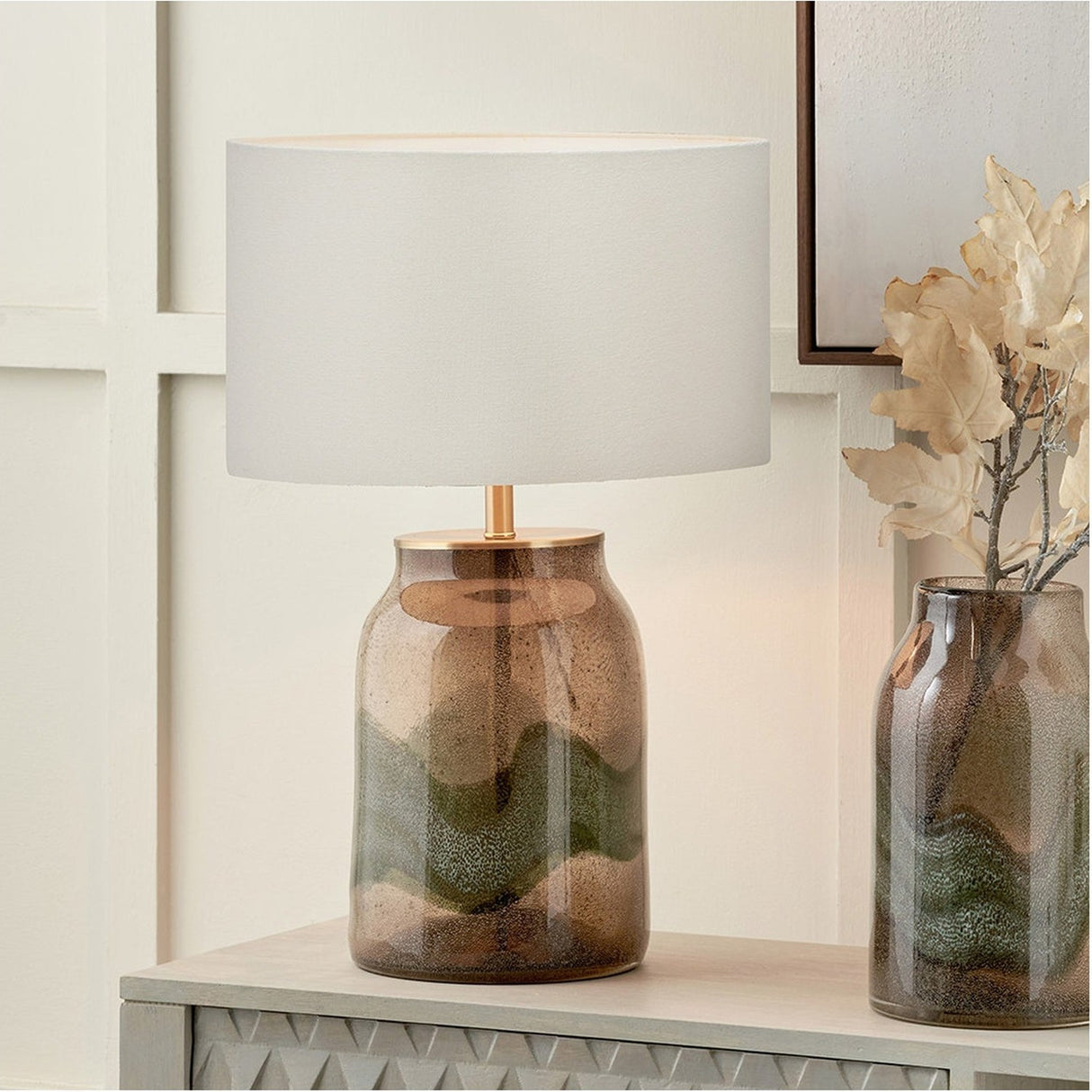 Valtellina Brown & Green Glass Table Lamp with White Handloom Shade