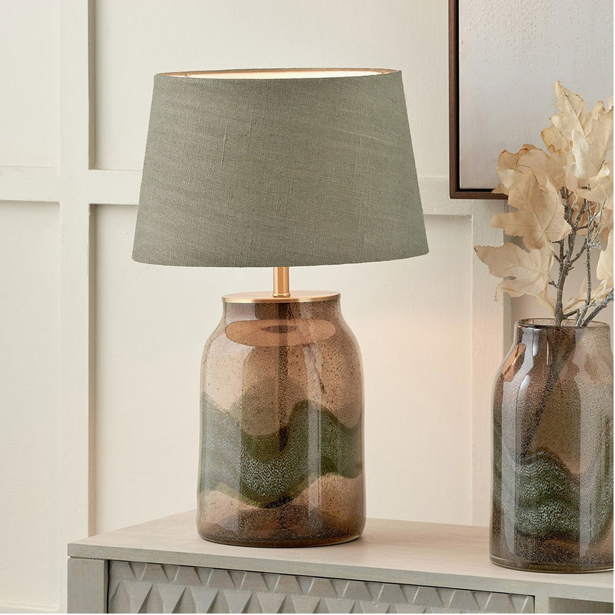 Valtellina Brown & Green Glass Table Lamp with Green Linen Tapered Shade