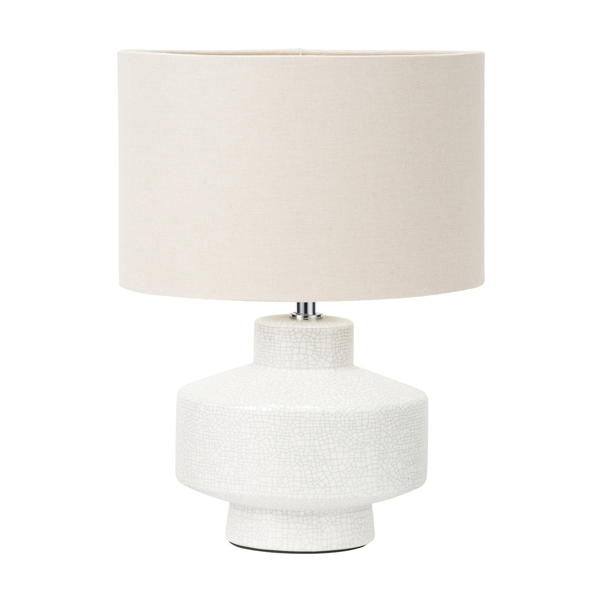 Elure White Crackle Effect Table Lamp, 38cm, with a ceramic base in white crackle finish and a drum-shaped linen shade, shown on a plain white background.