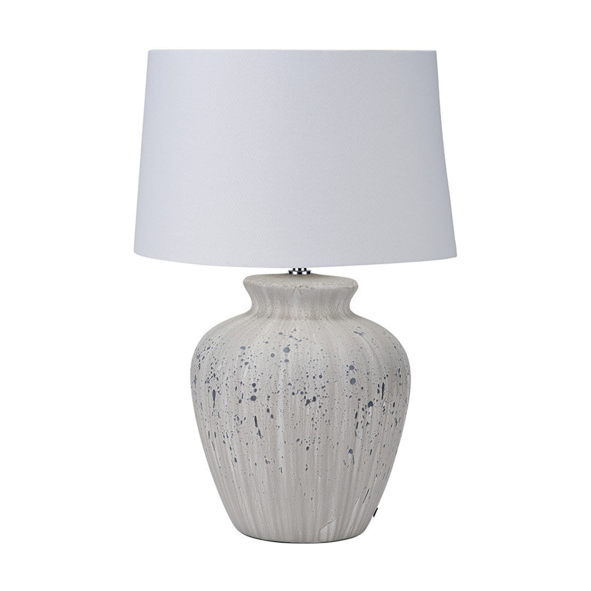 Kalli table lamp with a speckled white and grey ceramic base and white tapered fabric shade, shown against a plain white background.