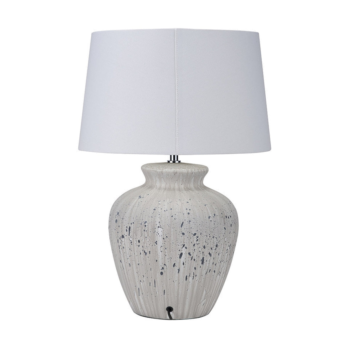 Kalli table lamp with a white and grey speckled ceramic base and a white tapered fabric shade, shown on a plain white background.