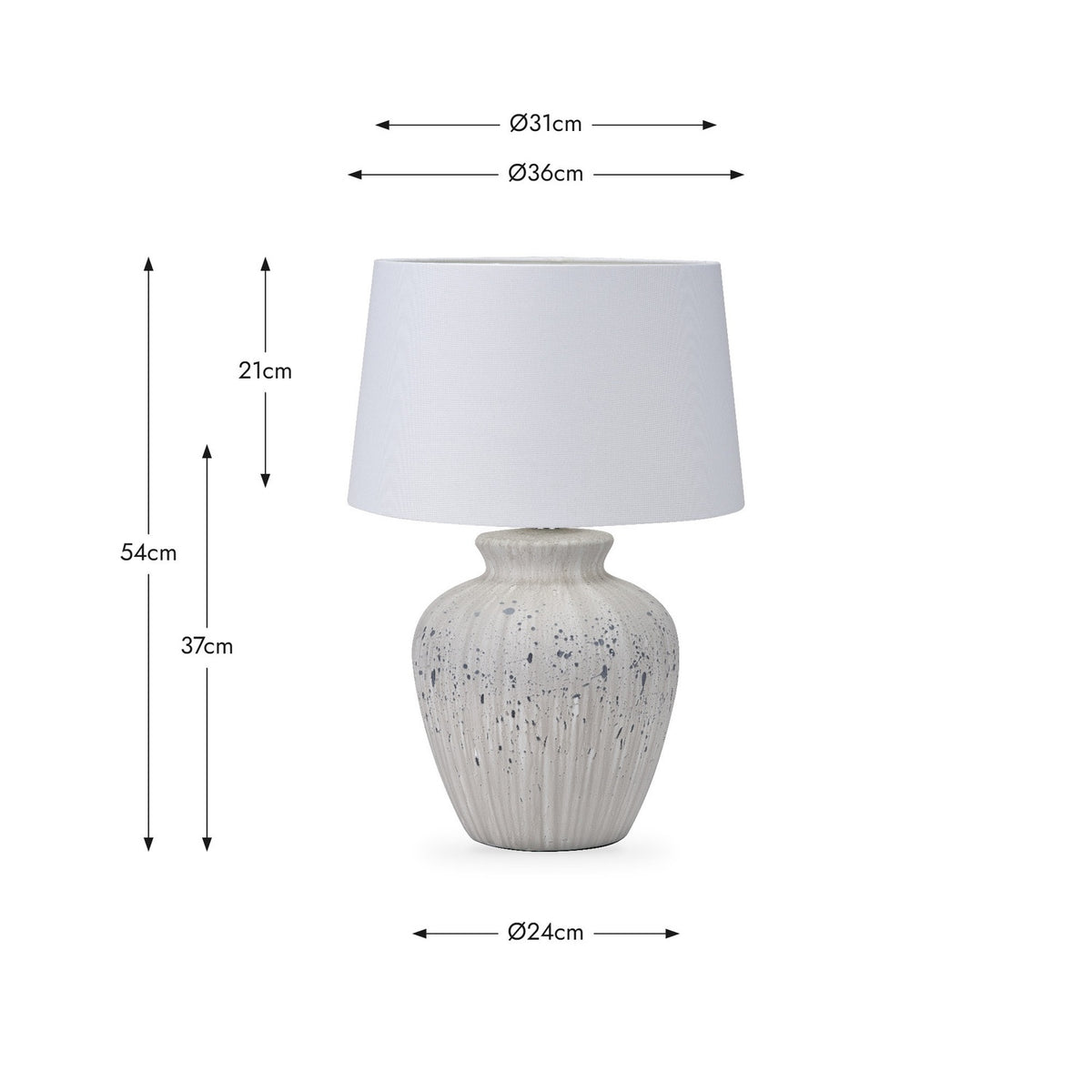 Kalli table lamp with white and grey speckled ceramic base and white fabric drum shade, shown with dimension guides (54cm height, Ø36cm shade) on a white background.