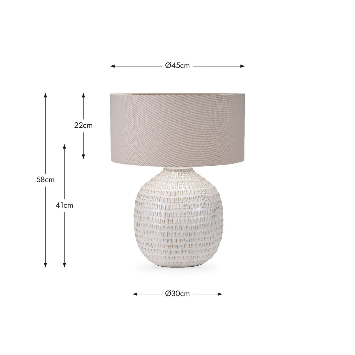 Signe Warm White Linear Textured Ceramic Table Lamp, 58cm tall with a taupe drum shade, shown with dimensions labelled on a white background.