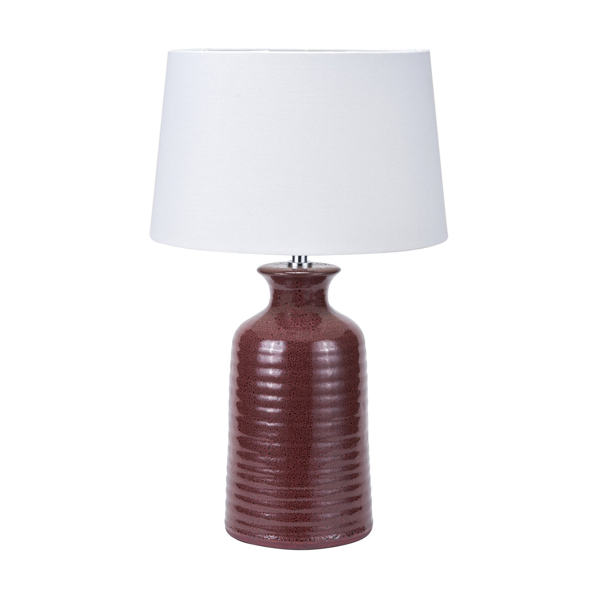 Helka Mulberry Red Reactive Glaze Table Lamp, 49cm, with a ridged ceramic base and white fabric tapered shade, shown on a plain white background.