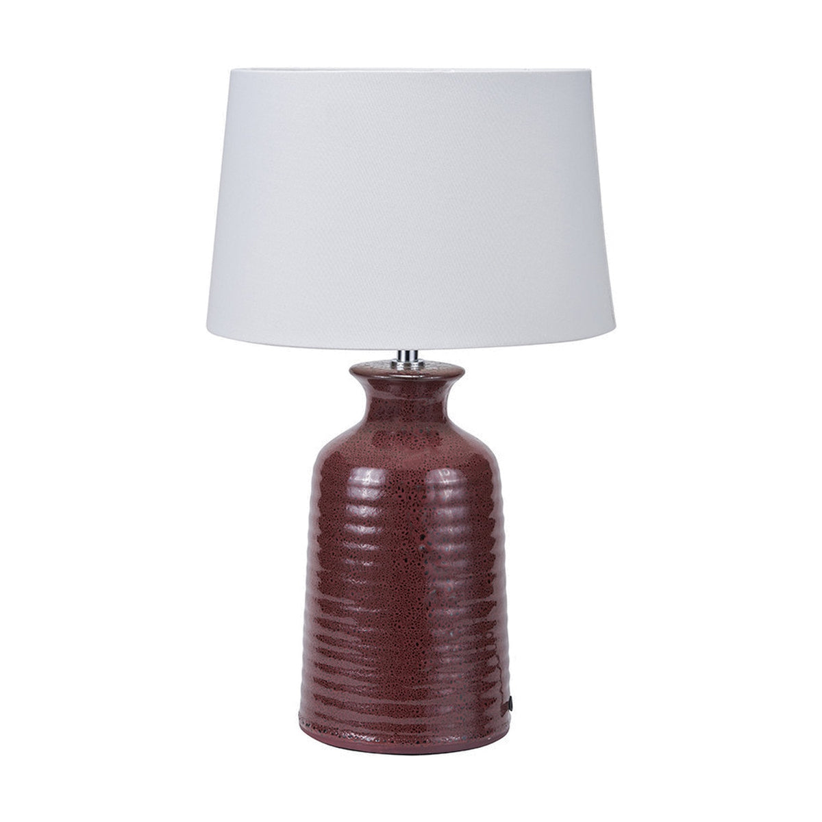 Helka Mulberry Red Reactive Glaze Table Lamp, 49cm, with a ridged ceramic base in deep red and a white fabric drum shade, on a plain white background.