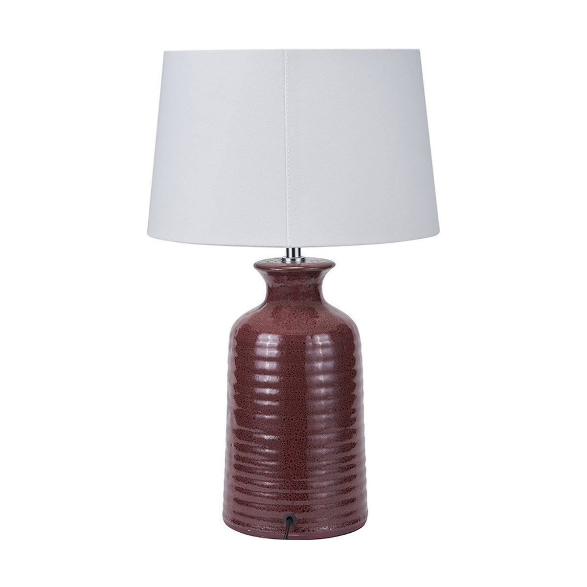 Helka Mulberry Red Reactive Glaze Table Lamp, 49cm, with a ribbed ceramic base in deep red and a white fabric tapered shade, shown on a plain white background.