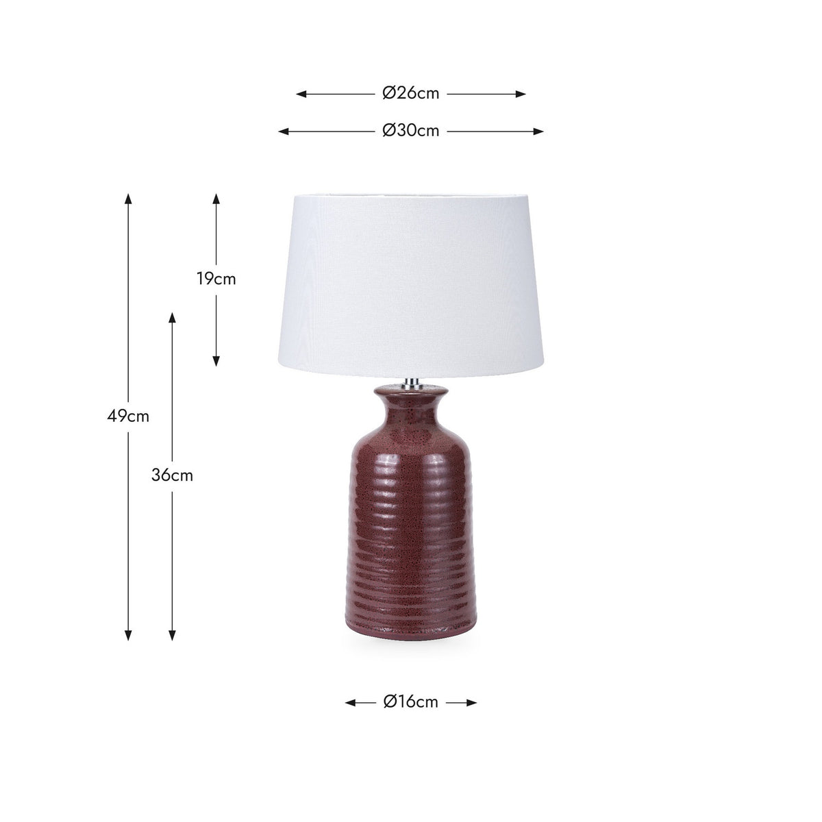 Helka Mulberry Red Reactive Glaze Table Lamp with ribbed ceramic base and white fabric drum shade, shown with dimension labels: 49cm height, 36cm base height, Ø16cm base width, Ø30cm shade width.