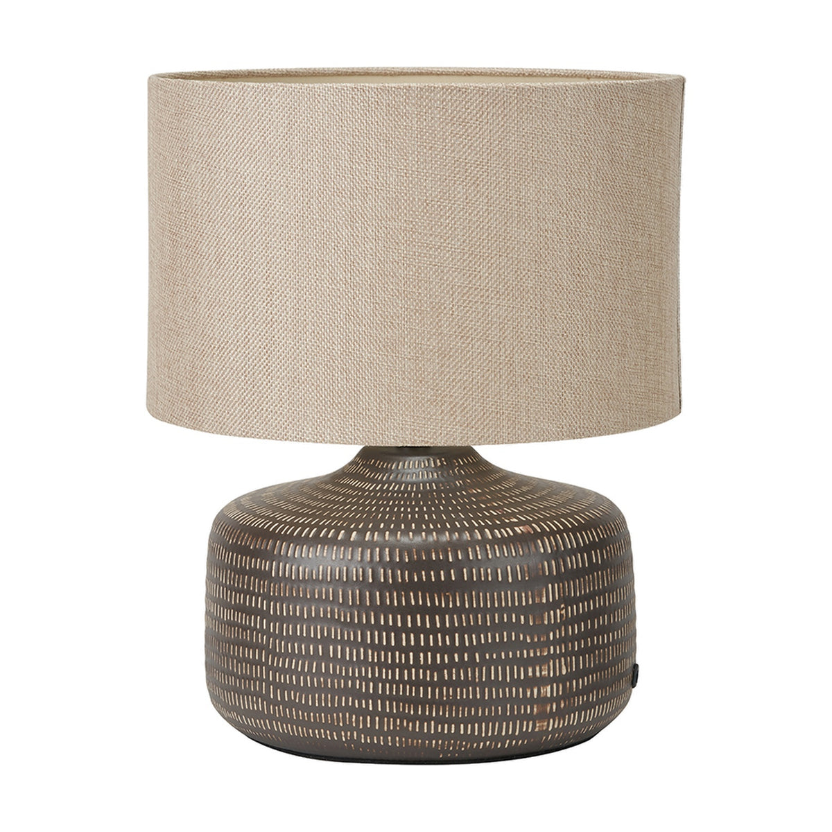 Kai Earth Brown Textured Ceramic Table Lamp with a rounded ridged base and a beige linen drum shade, shown on a plain white background.