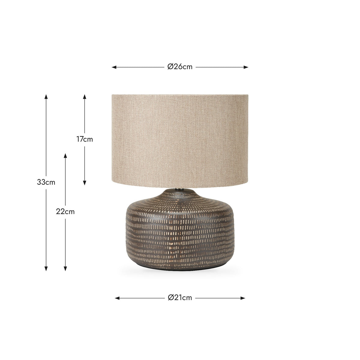 Kai Earth Brown Textured Ceramic Table Lamp with a beige linen drum shade, shown with dimension markers: 33cm total height, 26cm shade diameter, 21cm base diameter, on a white background.