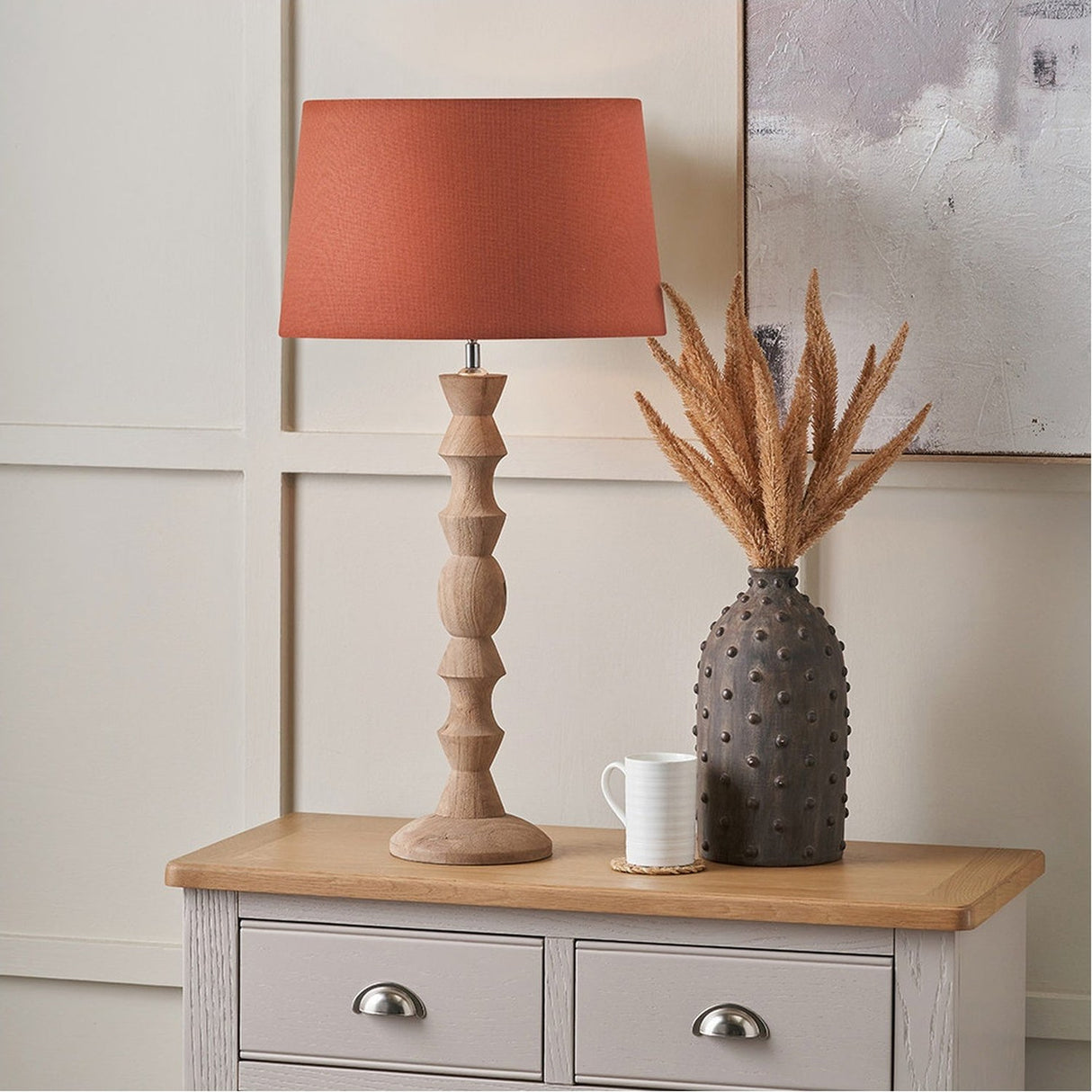 Ayra Natural Large Wood Table Lamp with Tobacco Handloom Tapered Shade