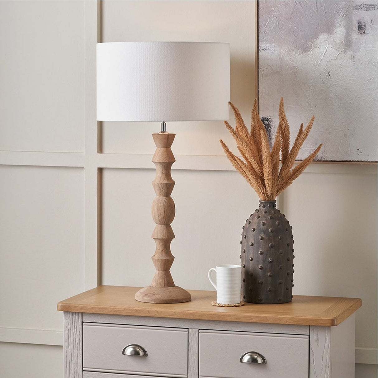Ayra Natural Large Wood Table Lamp with White Handloom Cylinder Shade