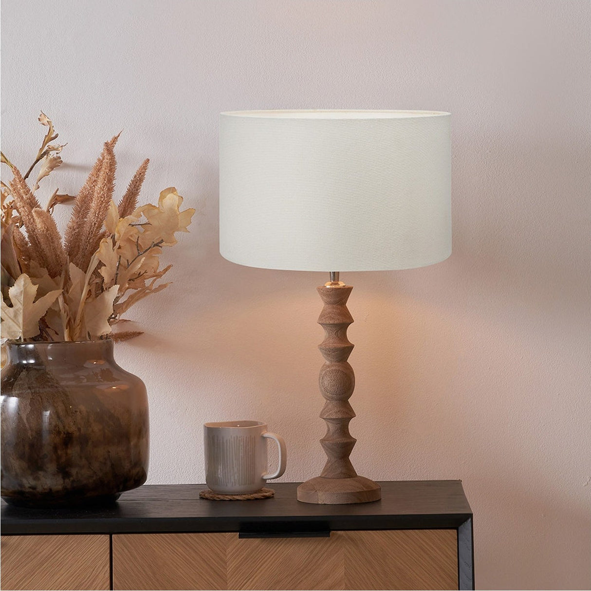 Ayra Natural Wood Table Lamp with White Handloom Cylinder Shade