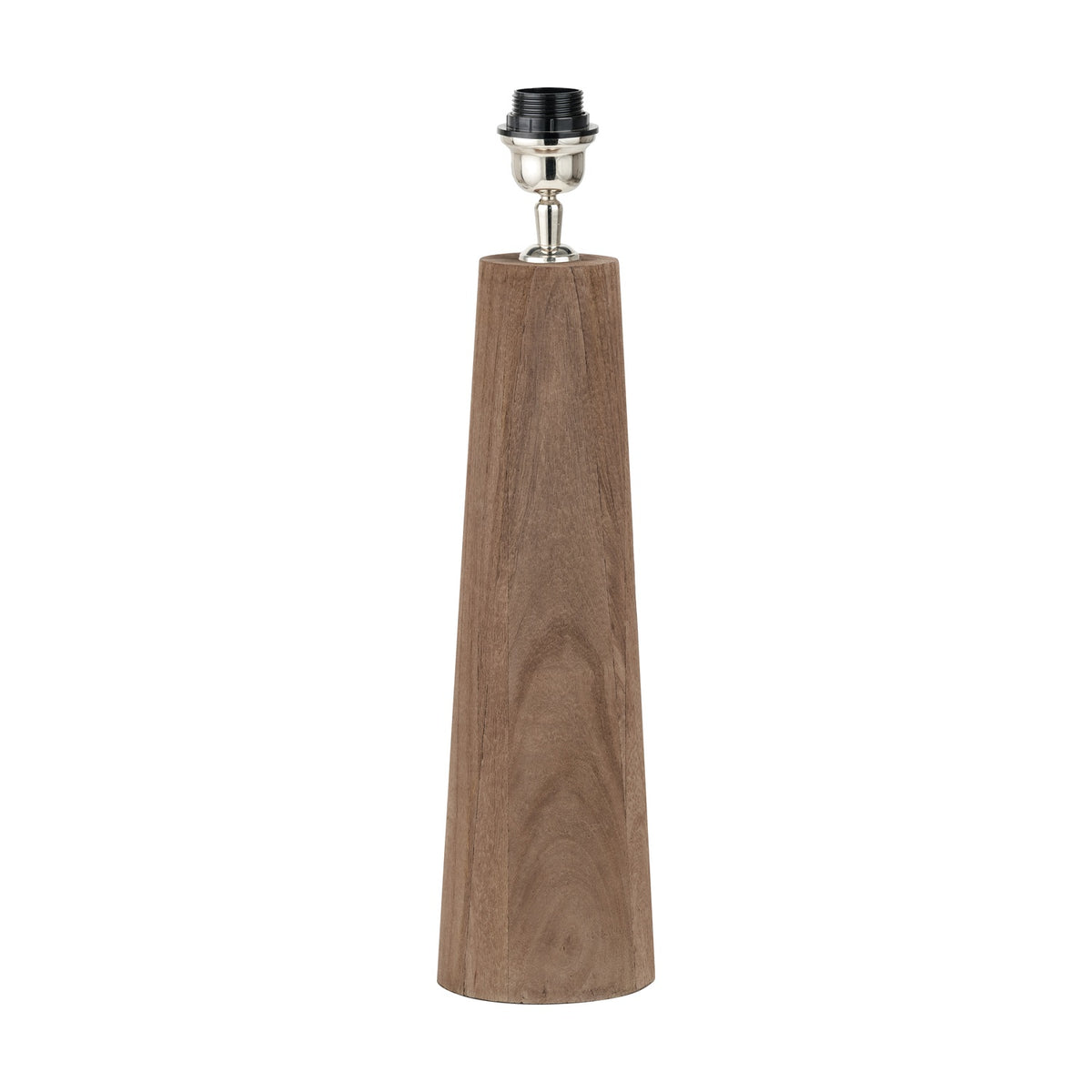 Esha Conical Wood Table Lamp Base, 50cm, tapered natural wood column with a chrome fitting and black bulb holder, on a plain white background.