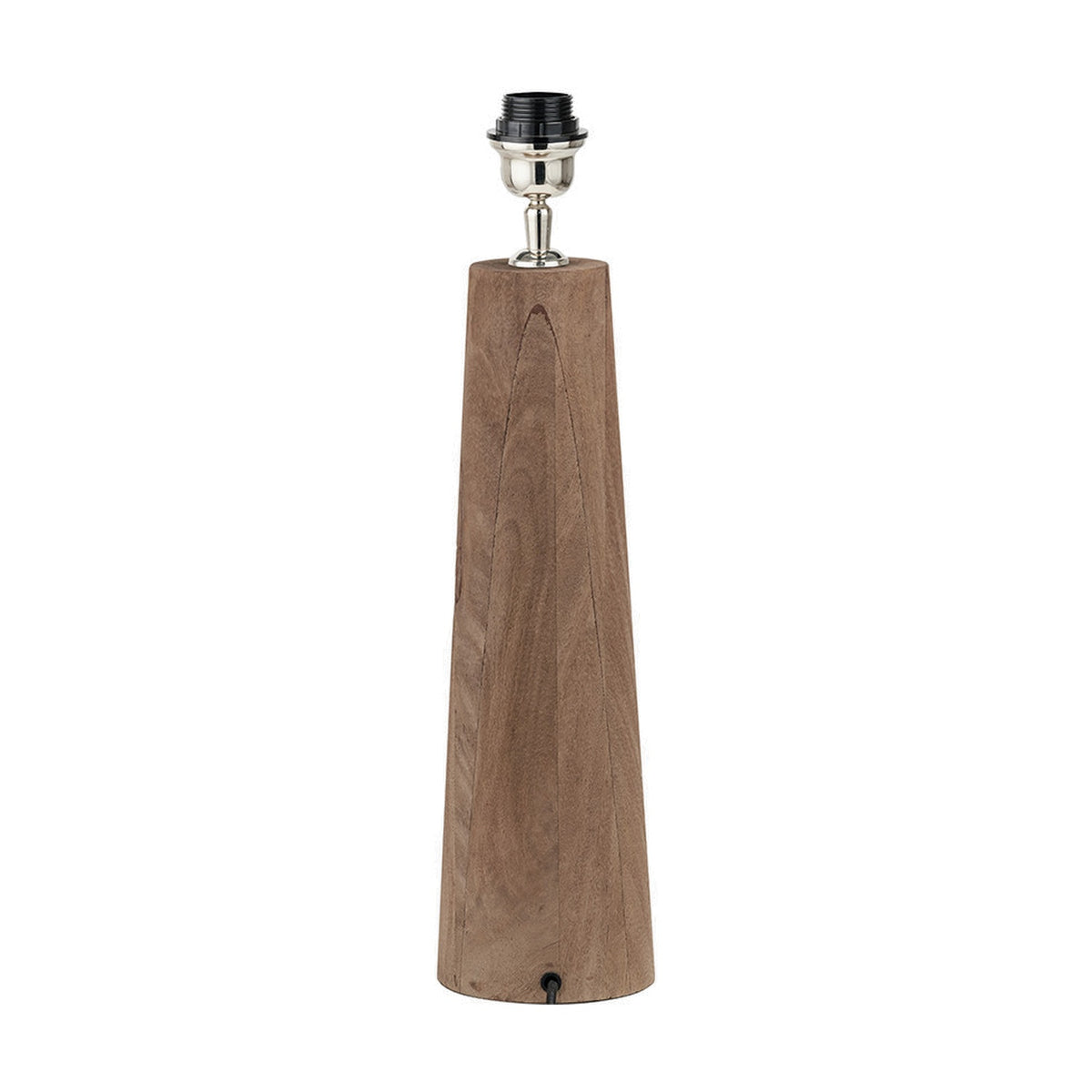 Esha Conical Wood Table Lamp Base in natural wood with tapered column shape and nickel-finish fitting, shown on a plain white background.