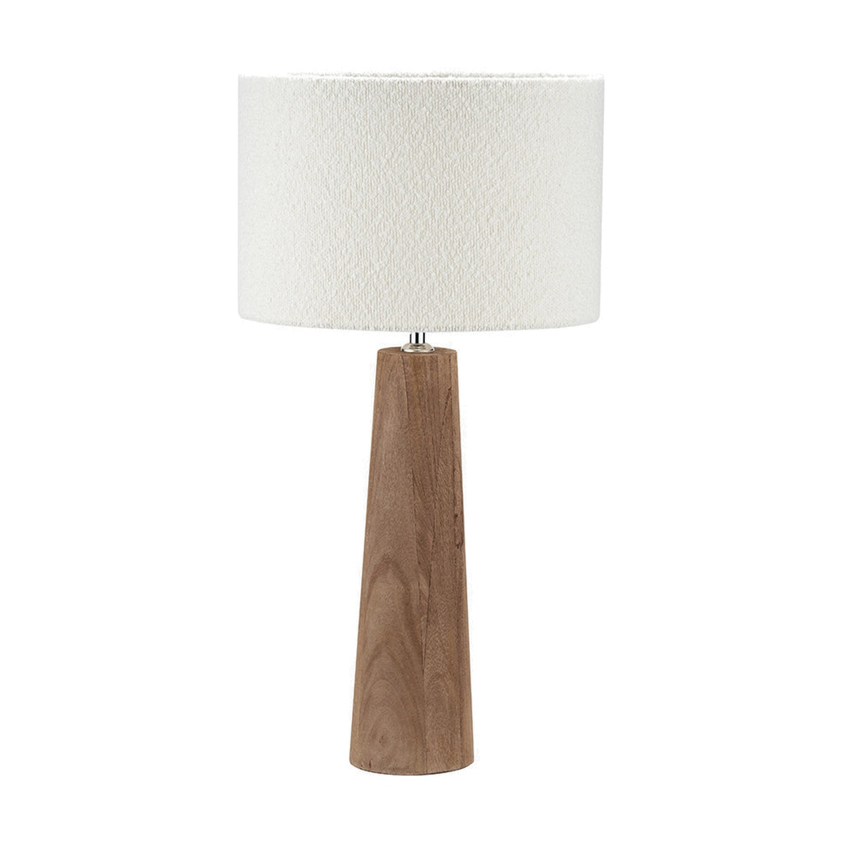 Esha Conical Wood Table Lamp Base with a tapered natural wood stand and white textured drum shade, shown on a plain white background.