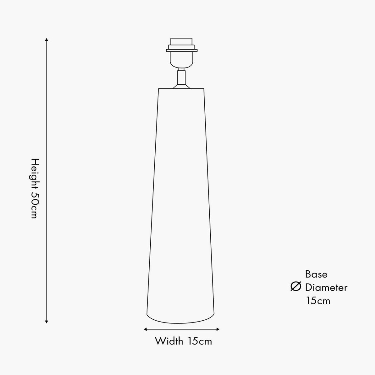 Line drawing of the Esha Conical Wood Table Lamp Base, 50cm tall with a 15cm wide tapered cone base and 15cm diameter, shown with dimensions on a plain background.