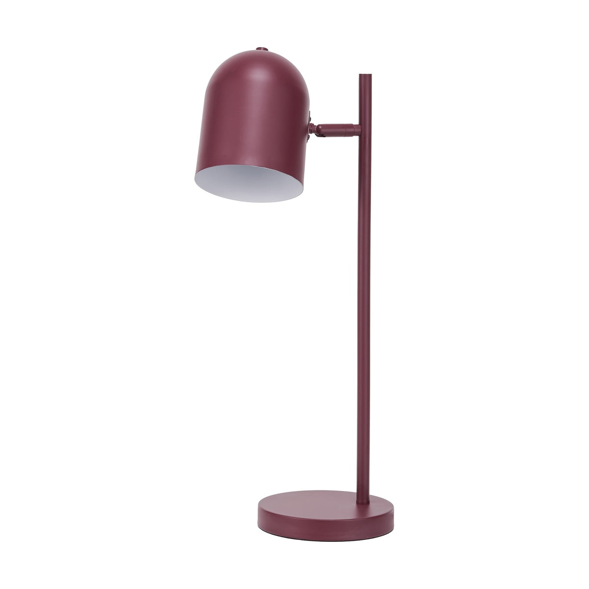 Finn Mulberry Red Metal Cloche Headed Table Lamp, 55cm, with round base, slim stem and adjustable dome shade in matte mulberry, shown on a plain white background.