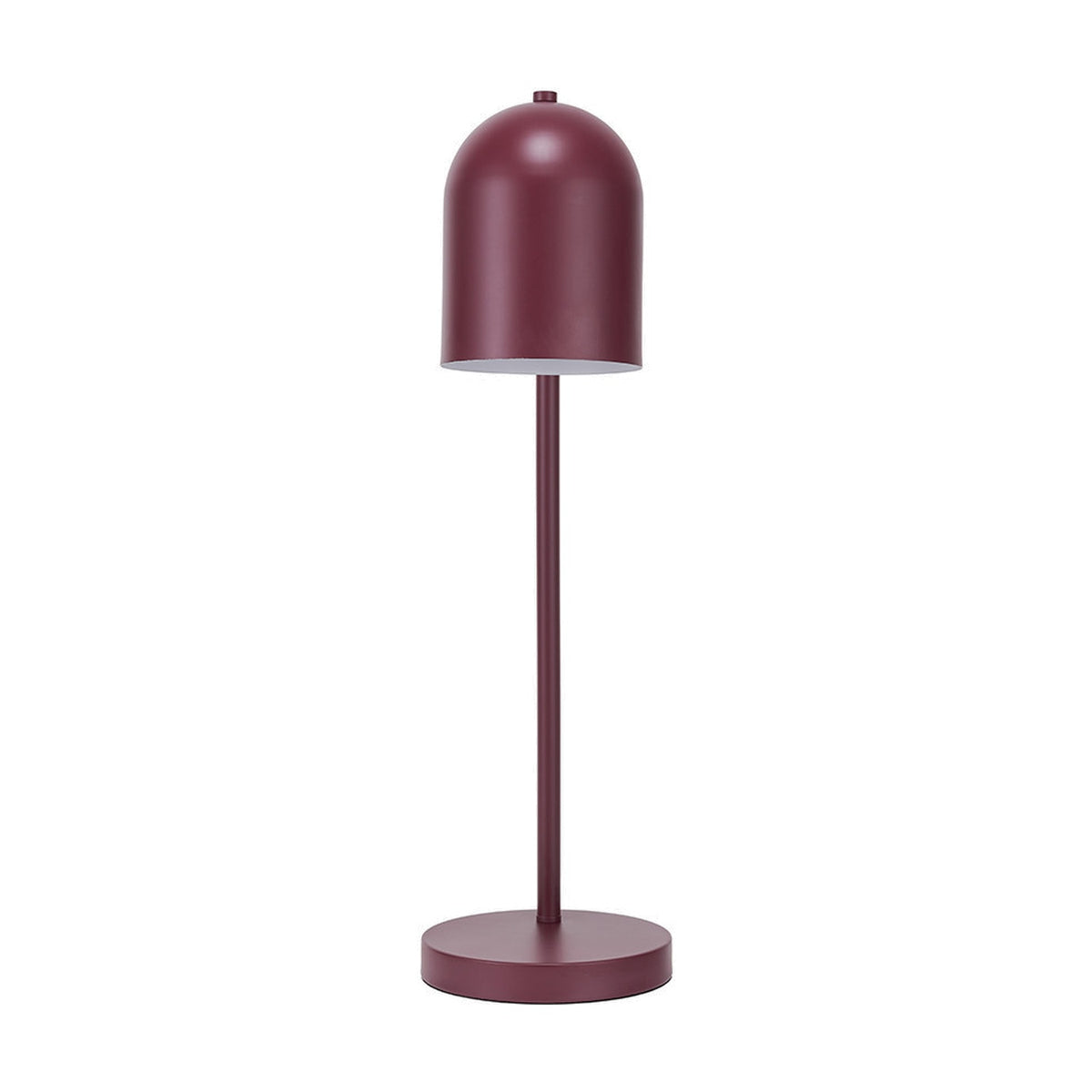 Finn table lamp, 55cm, in mulberry red metal with a domed cloche-style shade on a slim stem and round base, set against a plain white background.