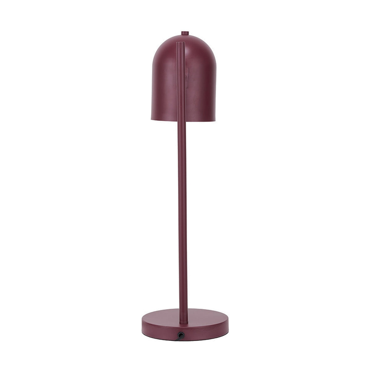 Finn Mulberry Red Metal Cloche Headed Table Lamp, 55cm, with a rounded dome shade, slim straight stem, and round base, on a plain white background.
